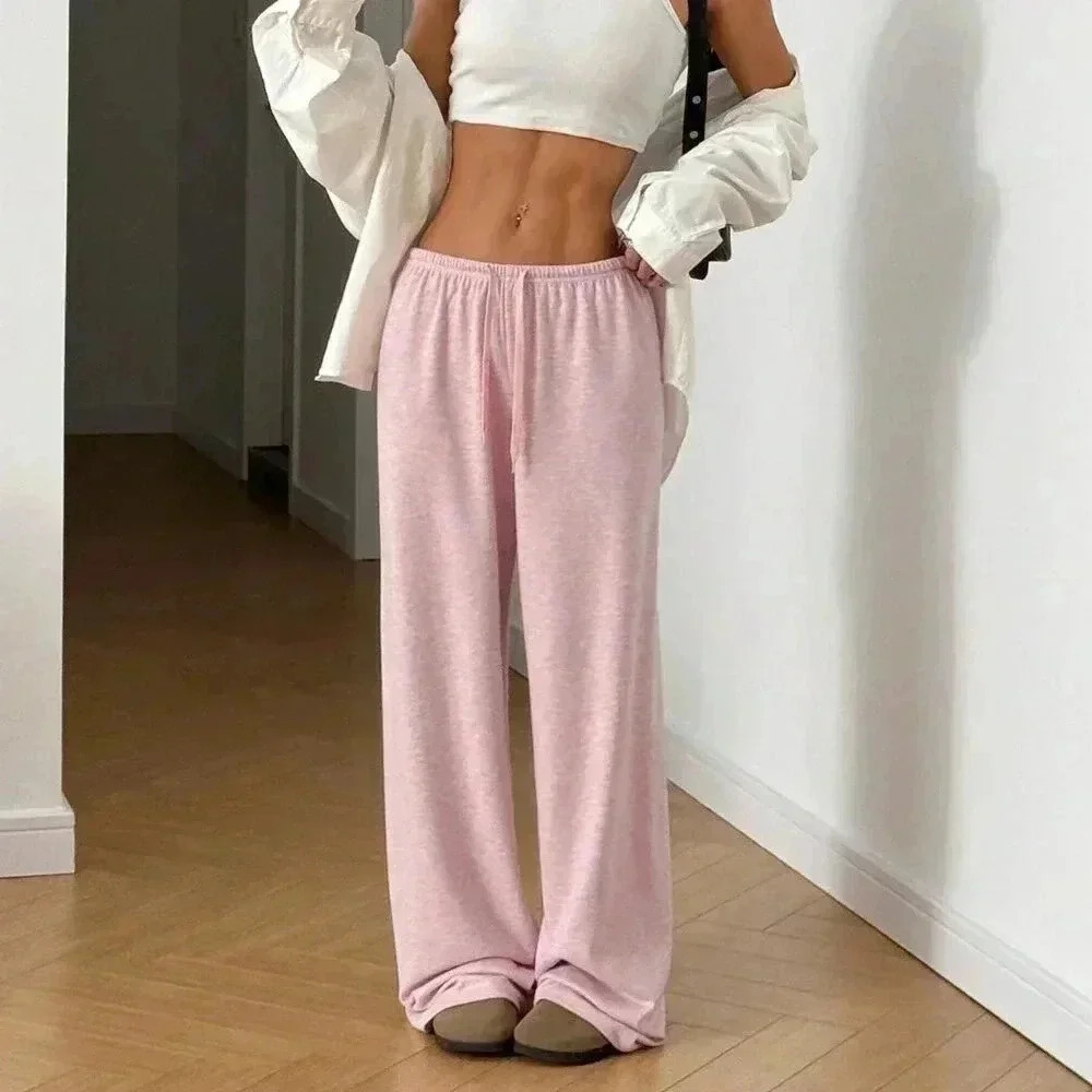 Pink Casual Women's Drawstring Waist Soft Knit Loose Pants